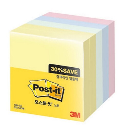3M 포스트잇 노트 알뜰팩 654-5A(76x76mm/노랑(2)민트/블루/핑크)_N3581300