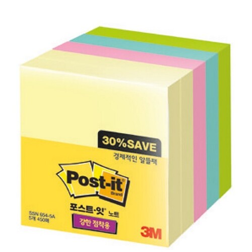 3M 포스트잇 노트 알뜰팩(노랑2/핑크1/아쿠아1/그린1/ 76x76mm(총 450장/5패드))_N3596700